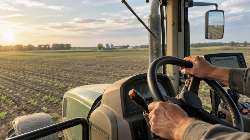 Close-up of hands driving a tractor across a field, golden-hour light, only naturally framed hands, no faces