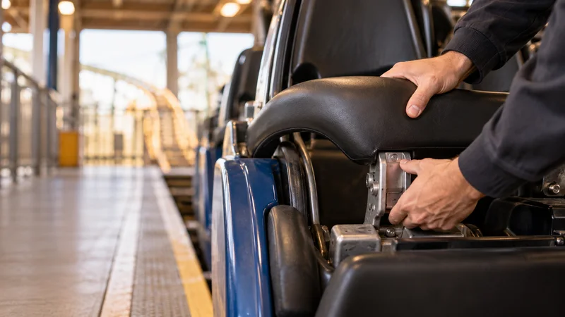Close-up of hands checking lap bars on the coaster train, warm interior light, only naturally framed hands, no faces