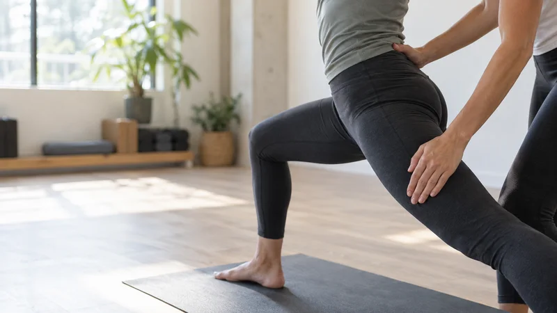Close-up of hands adjusting a student's warrior pose, bright daylight through the windows, only naturally framed hands, no faces