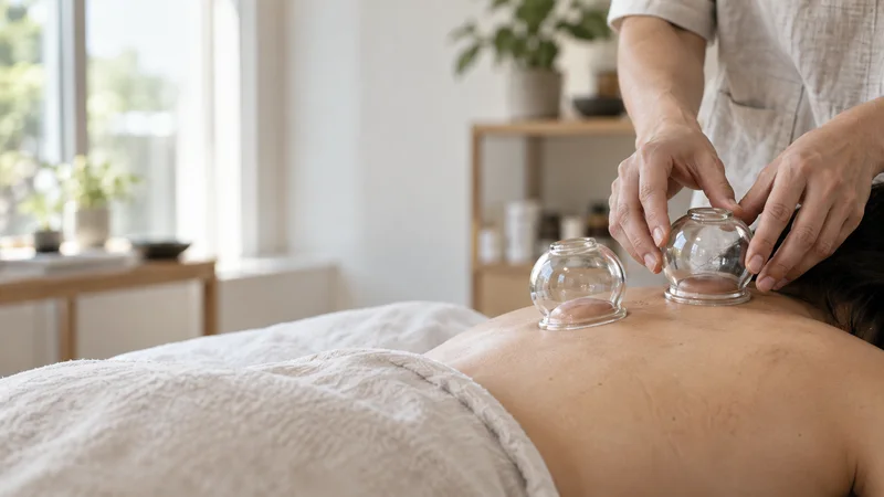 Close-up of hands placing cupping glasses on a patient, bright daylight through the windows, only naturally framed hands, no faces