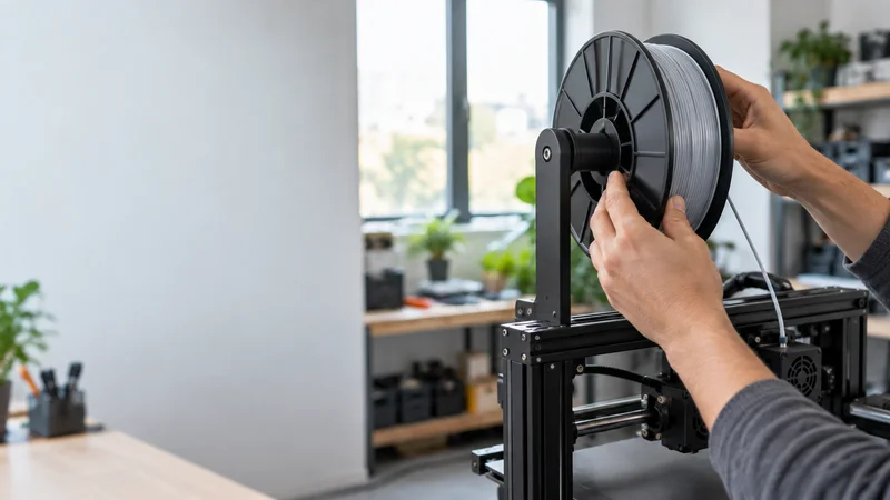 Close-up of hands loading a filament spool into a printer, bright daylight through the windows, only naturally framed hands, no faces