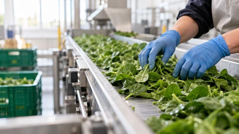 Close-up of hands sorting produce on the packing line, bright daylight through the windows, only naturally framed hands, no faces