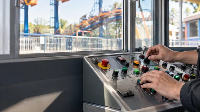Close-up of hands operating the ride from the control panel, bright daylight through the windows, only naturally framed hands, no faces
