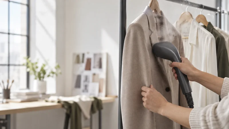 Close-up of hands steaming a garment on a rail, bright daylight through the windows, only naturally framed hands, no faces