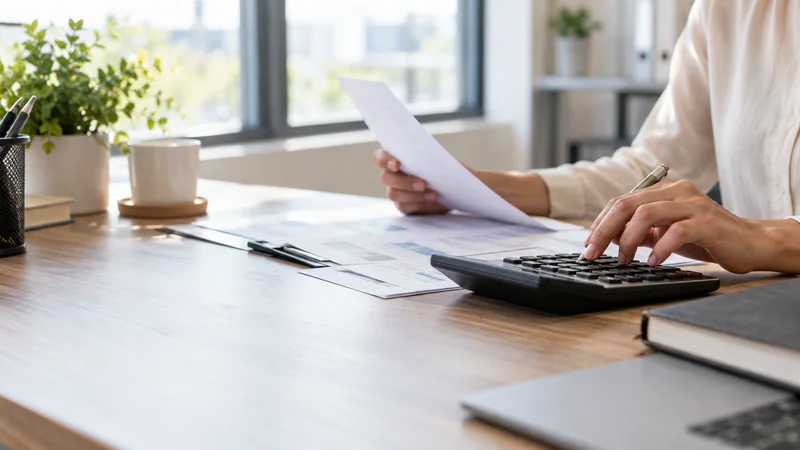 Close-up of hands preparing a tax return with a calculator, bright daylight through the windows, only naturally framed hands, no faces
