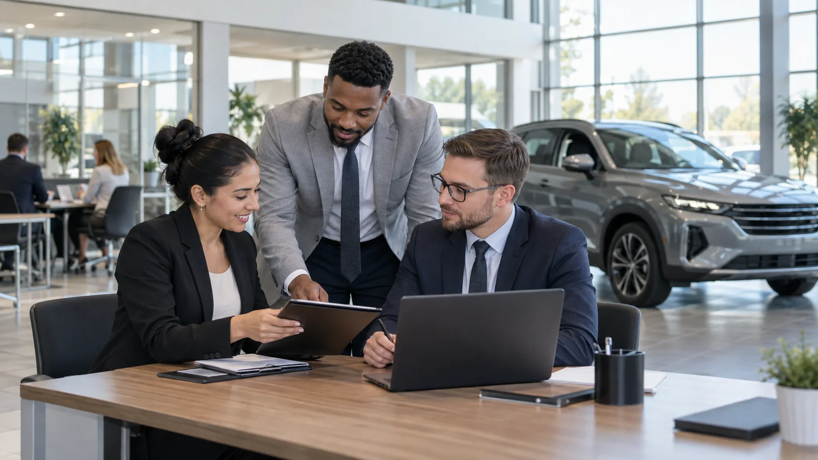 A few car salespersons working together, bright car showroom with a new car on display in the background, soft even indoor light