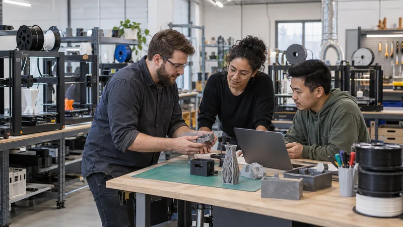 A few 3d-printing technicians working together, room of running FDM 3d printers in the background, soft even indoor light