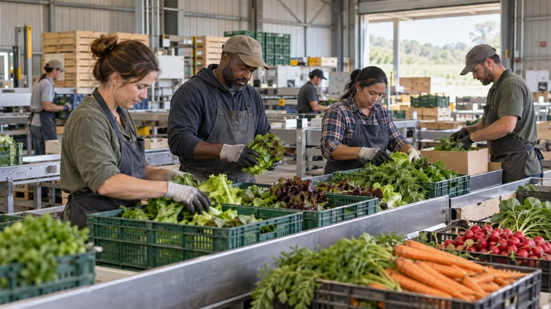 A few farmers working together, produce grading and packing shed in the background, soft even indoor light