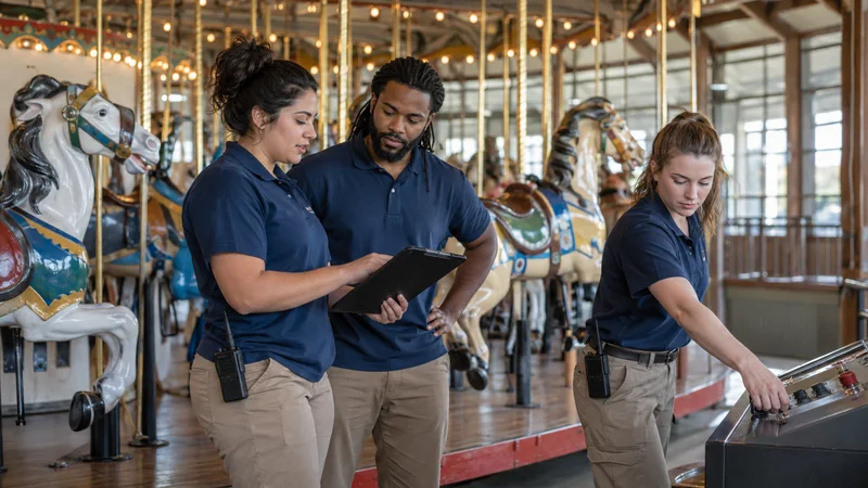 A few ride operators working together, carousel pavilion with painted horses in the background, soft even indoor light