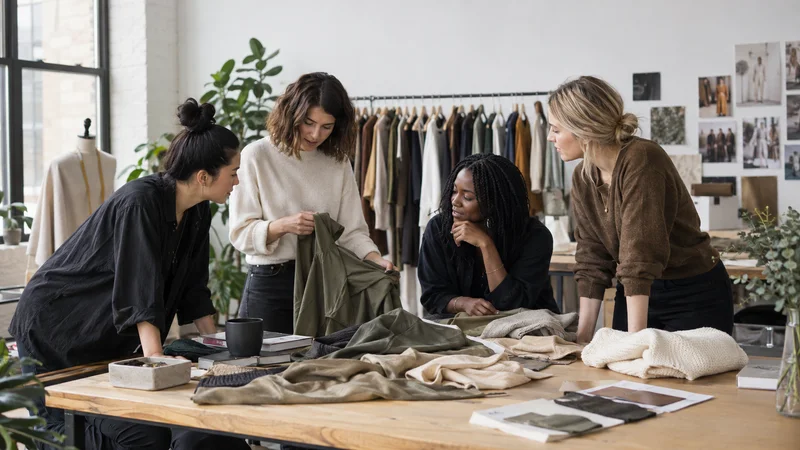 A few fashion stylists working together, curated clothing rail display in the background, soft even indoor light