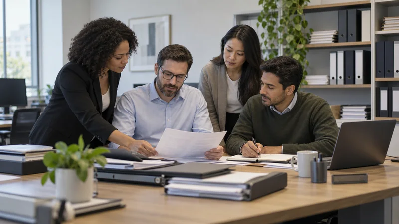 A few accountants working together, accountant's office with ledgers and tax binders in the background, soft even indoor light