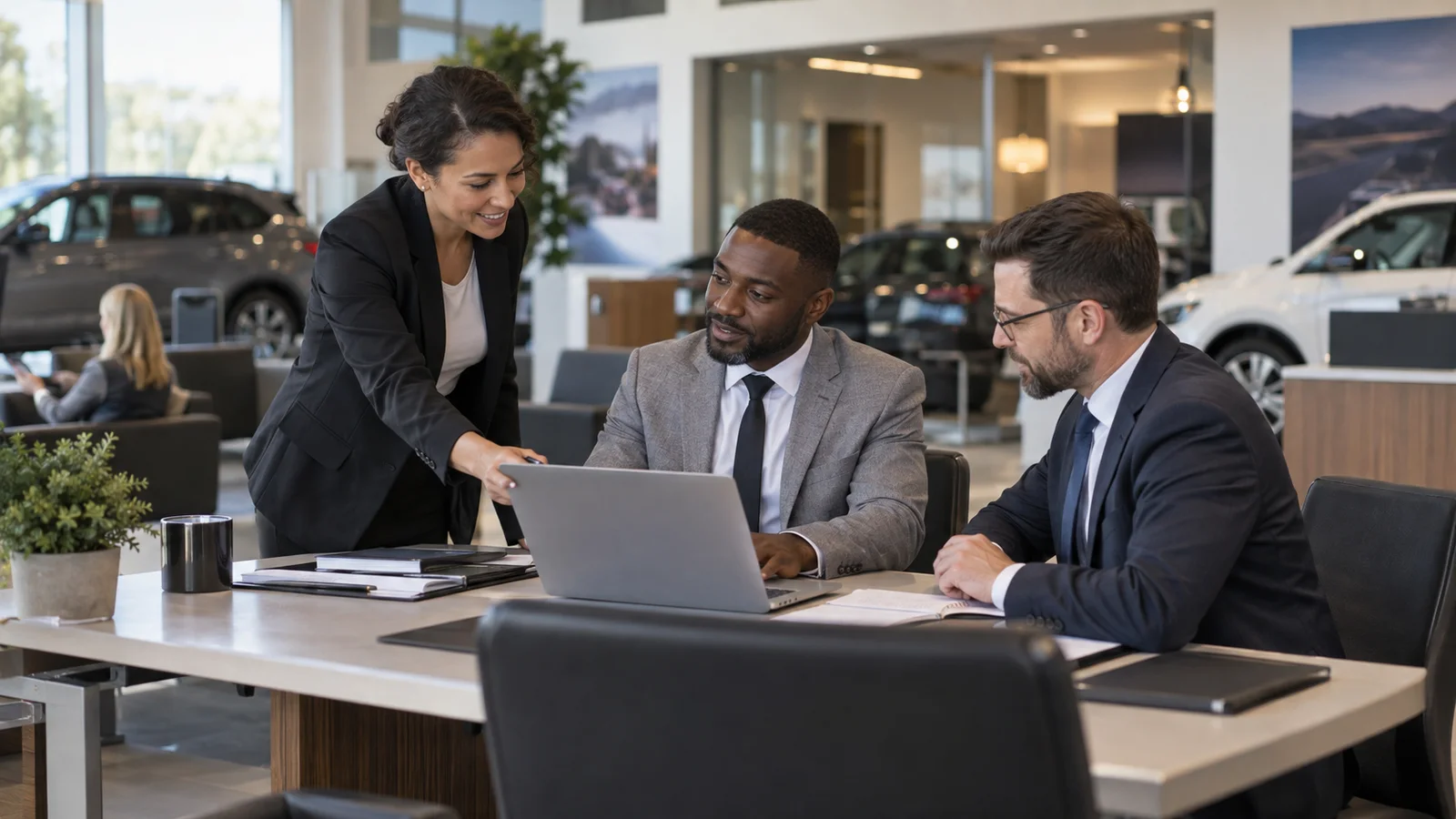 A few car salespersons working together, dealership sales lounge with desks and finance signage in the background, warm interior light