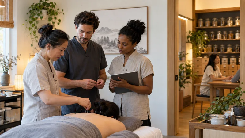 A few acupuncturists working together, herbal medicine consultation room in the background, warm interior light