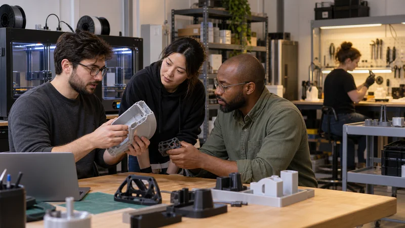 A few 3d-printing technicians working together, print finishing and inspection bench in the background, warm interior light