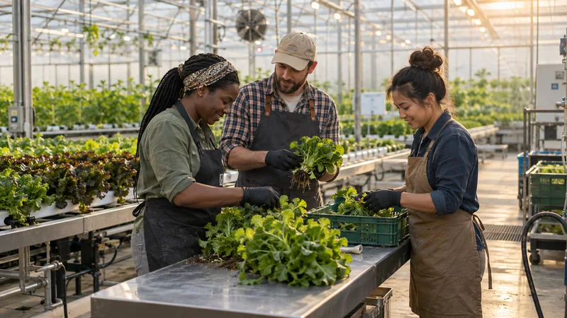 A few farmers working together, climate-controlled greenhouse row in the background, warm interior light