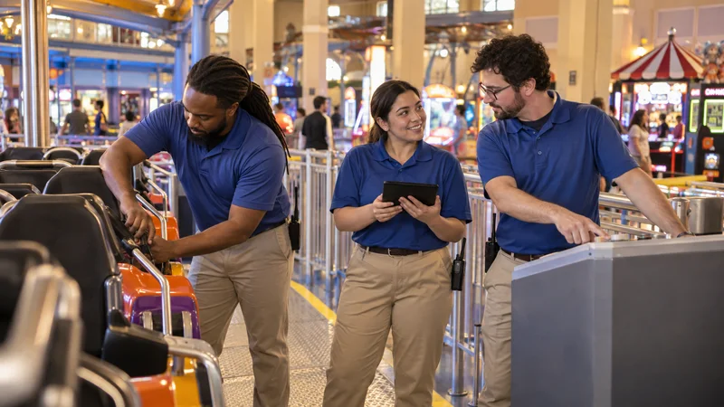 A few ride operators working together, arcade and games midway hall in the background, warm interior light