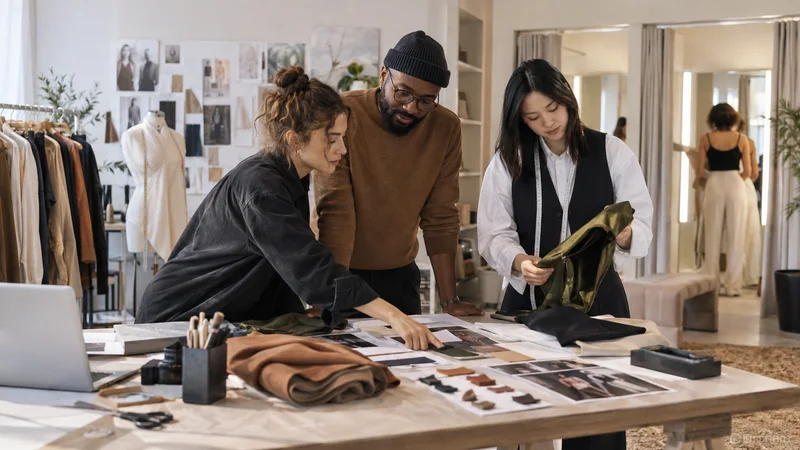 A few fashion stylists working together, bright fitting-room area in the background, warm interior light
