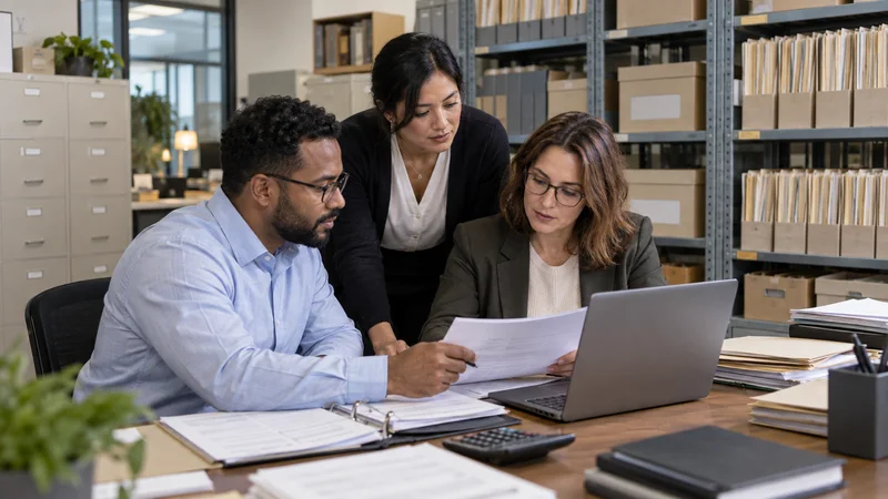 A few accountants working together, filing room of labelled financial records in the background, warm interior light