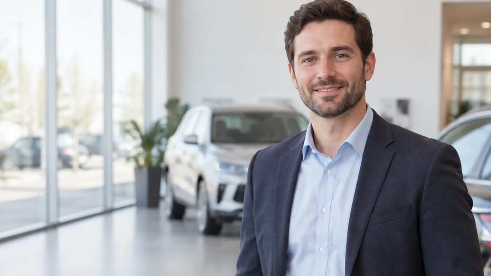 Mid-length portrait of a car salesperson, car dealership, bright daylight through the windows, plain working backdrop with copy space