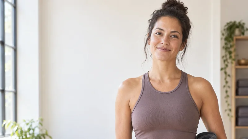 Mid-length portrait of a yoga instructor, yoga studio, bright daylight through the windows, plain working backdrop with copy space