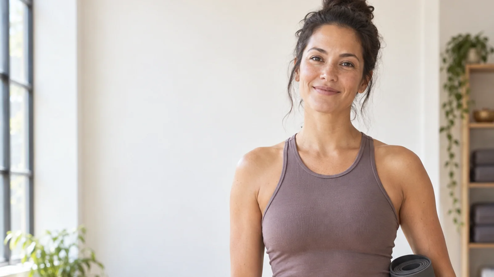 Mid-length portrait of a yoga instructor, yoga studio, bright daylight through the windows, plain working backdrop with copy space