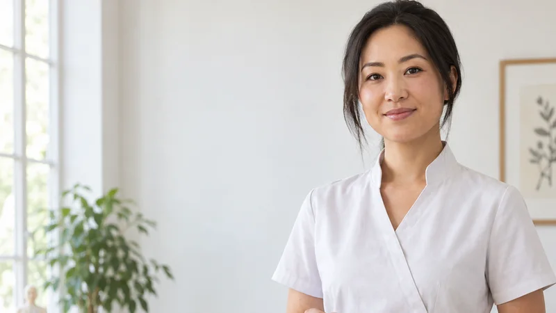 Mid-length portrait of a acupuncturist, acupuncture clinic, bright daylight through the windows, plain working backdrop with copy space
