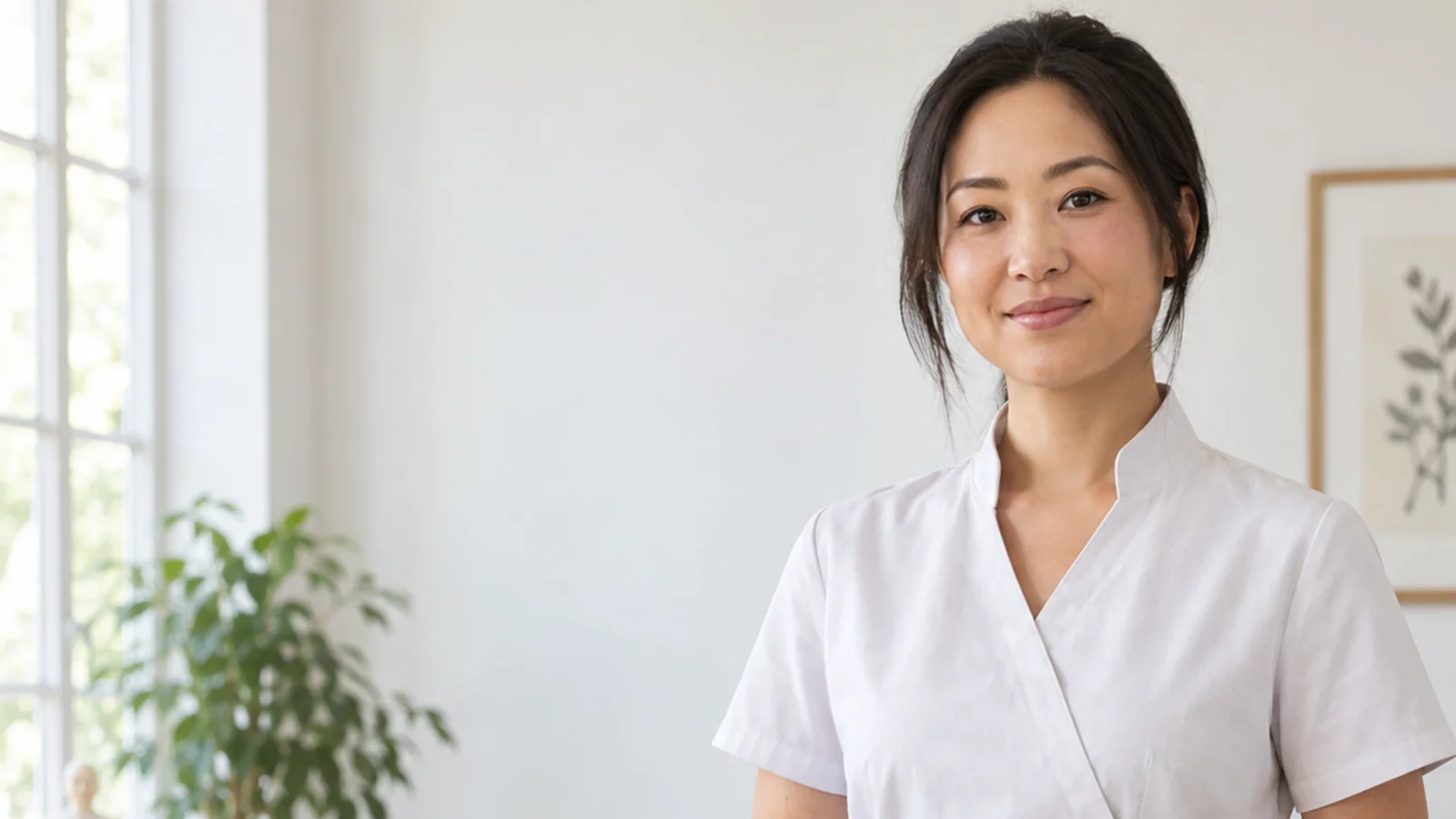 Mid-length portrait of a acupuncturist, acupuncture clinic, bright daylight through the windows, plain working backdrop with copy space