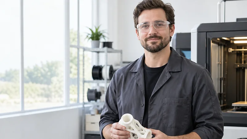 Mid-length portrait of a 3d-printing technician, 3d printing service, bright daylight through the windows, plain working backdrop with copy space