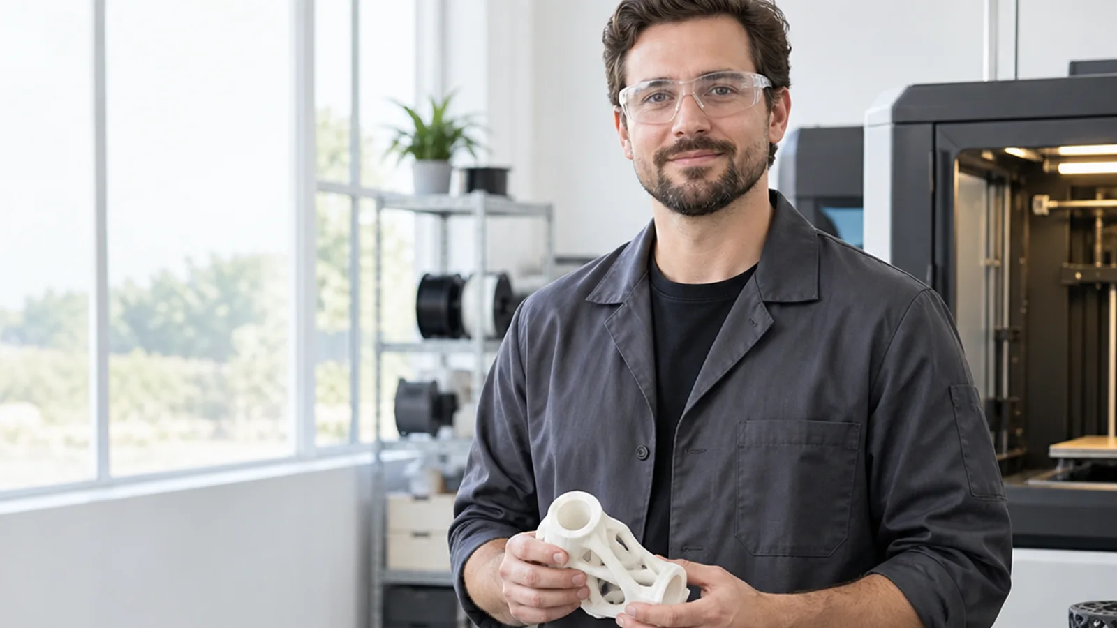 Mid-length portrait of a 3d-printing technician, 3d printing service, bright daylight through the windows, plain working backdrop with copy space