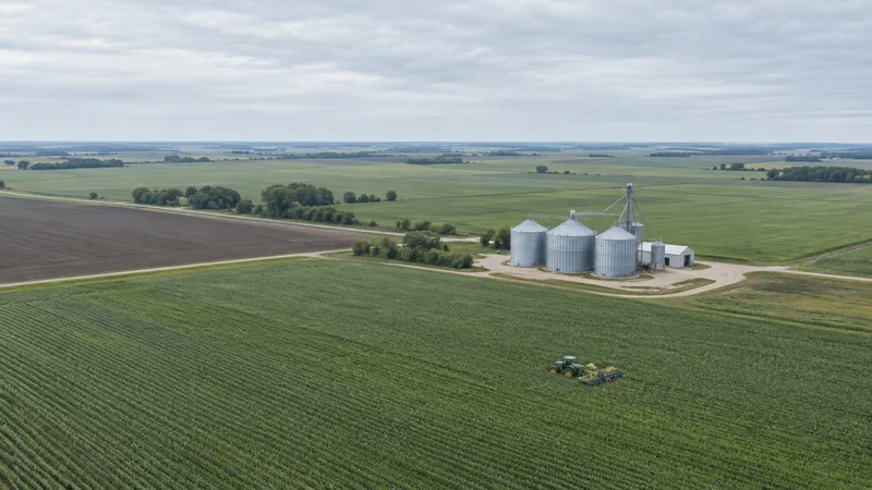 High aerial of a large farm fields with a tractor and grain silos, overcast soft light, uncluttered ground and sky bands
