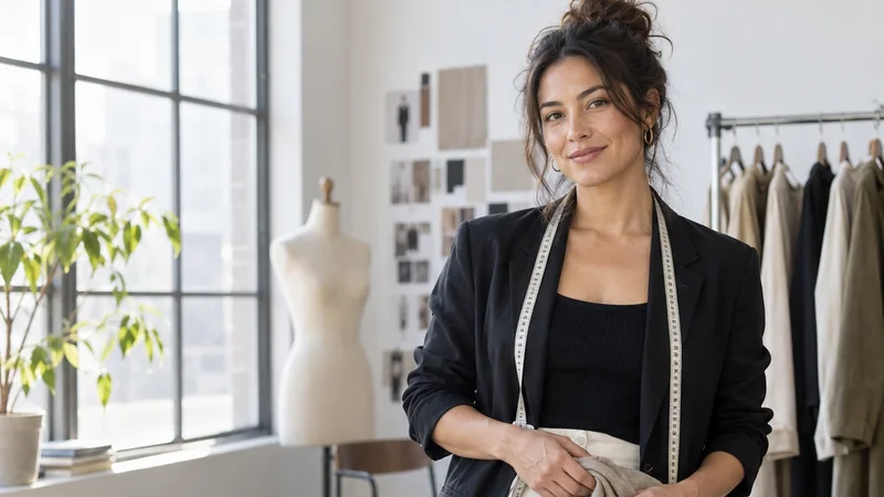 Mid-length portrait of a fashion stylist, apparel fashion, bright daylight through the windows, plain working backdrop with copy space