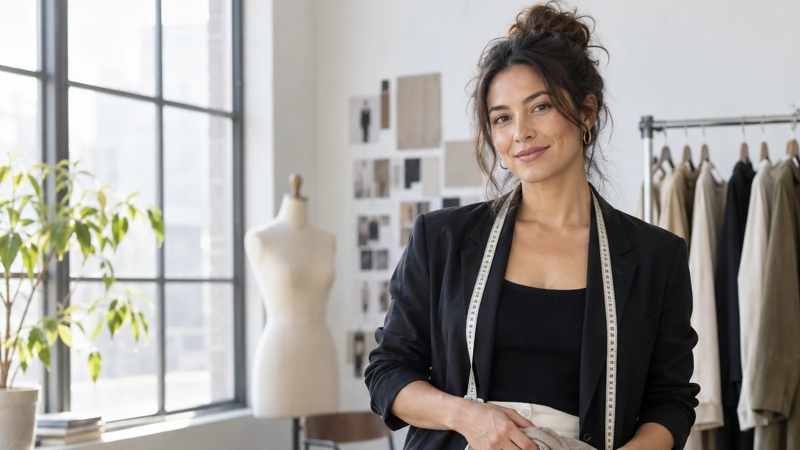 Mid-length portrait of a fashion stylist, apparel fashion, bright daylight through the windows, plain working backdrop with copy space