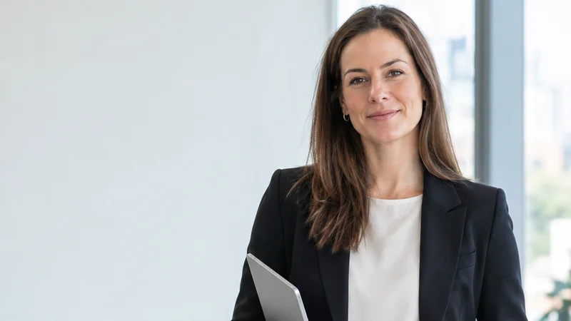 Mid-length portrait of a accountant, accounting firm, bright daylight through the windows, plain working backdrop with copy space