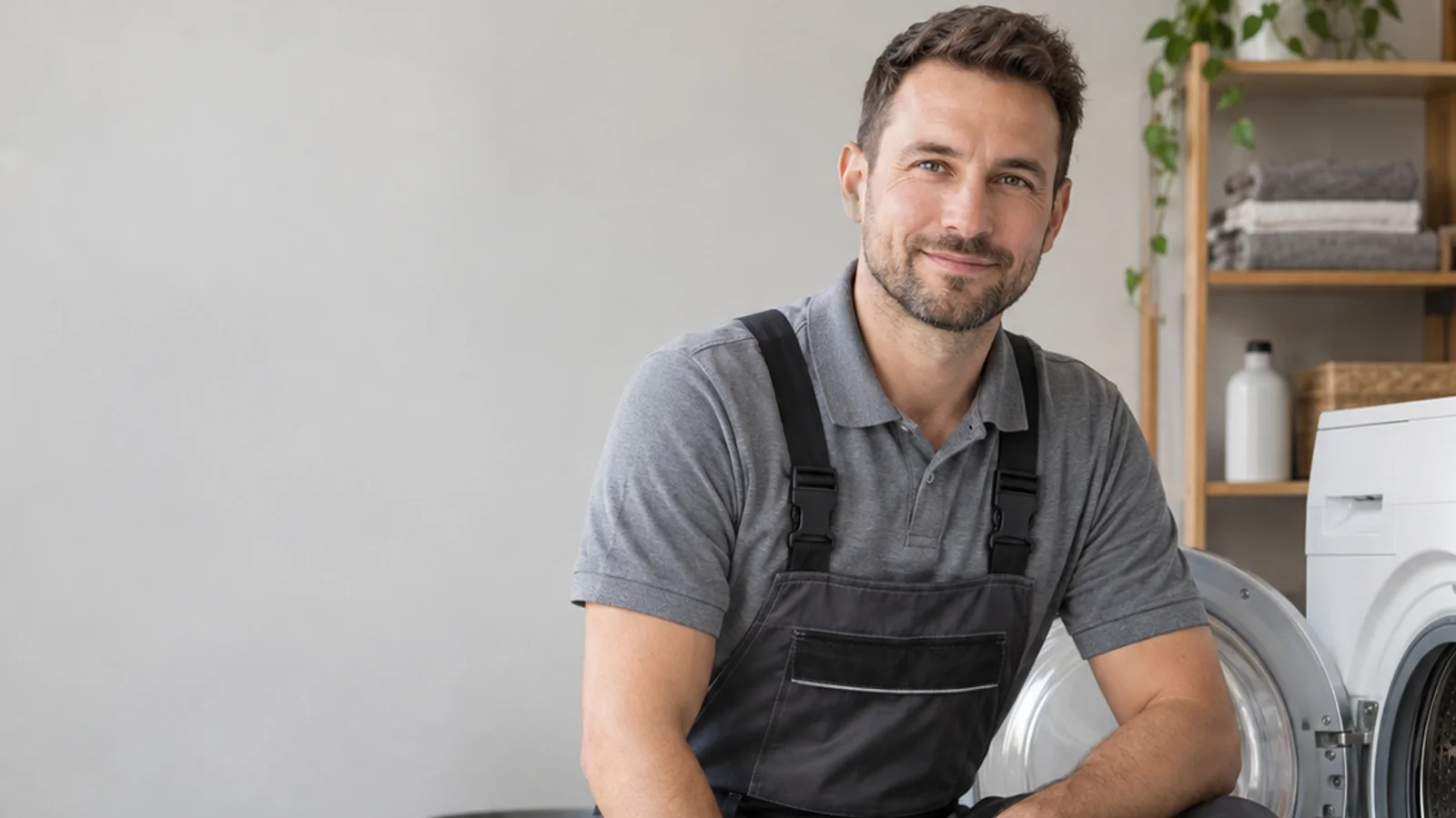 Mid-length portrait of a white-goods technician, appliance repair, soft even indoor light, plain working backdrop with copy space