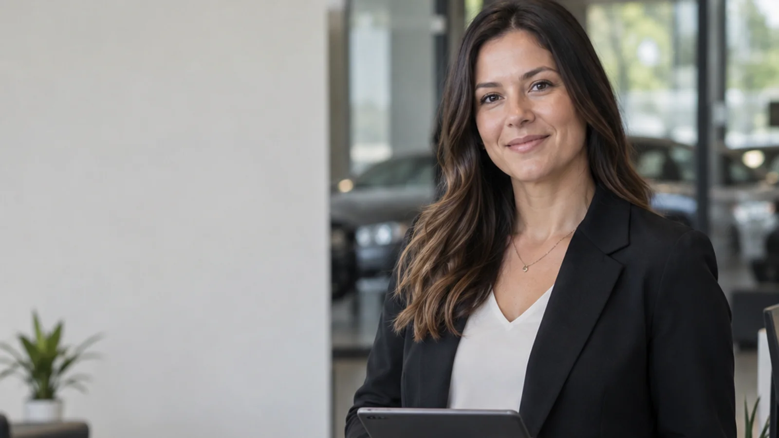Mid-length portrait of a finance manager, car dealership, soft even indoor light, plain working backdrop with copy space