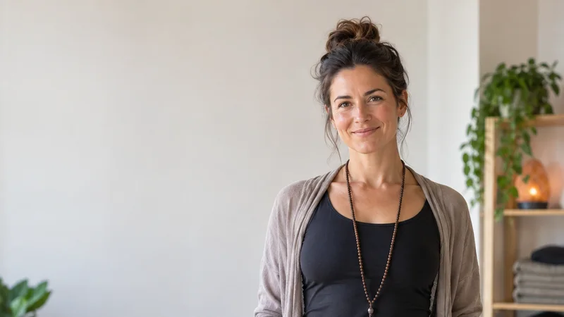 Mid-length portrait of a yoga studio owner, yoga studio, soft even indoor light, plain working backdrop with copy space