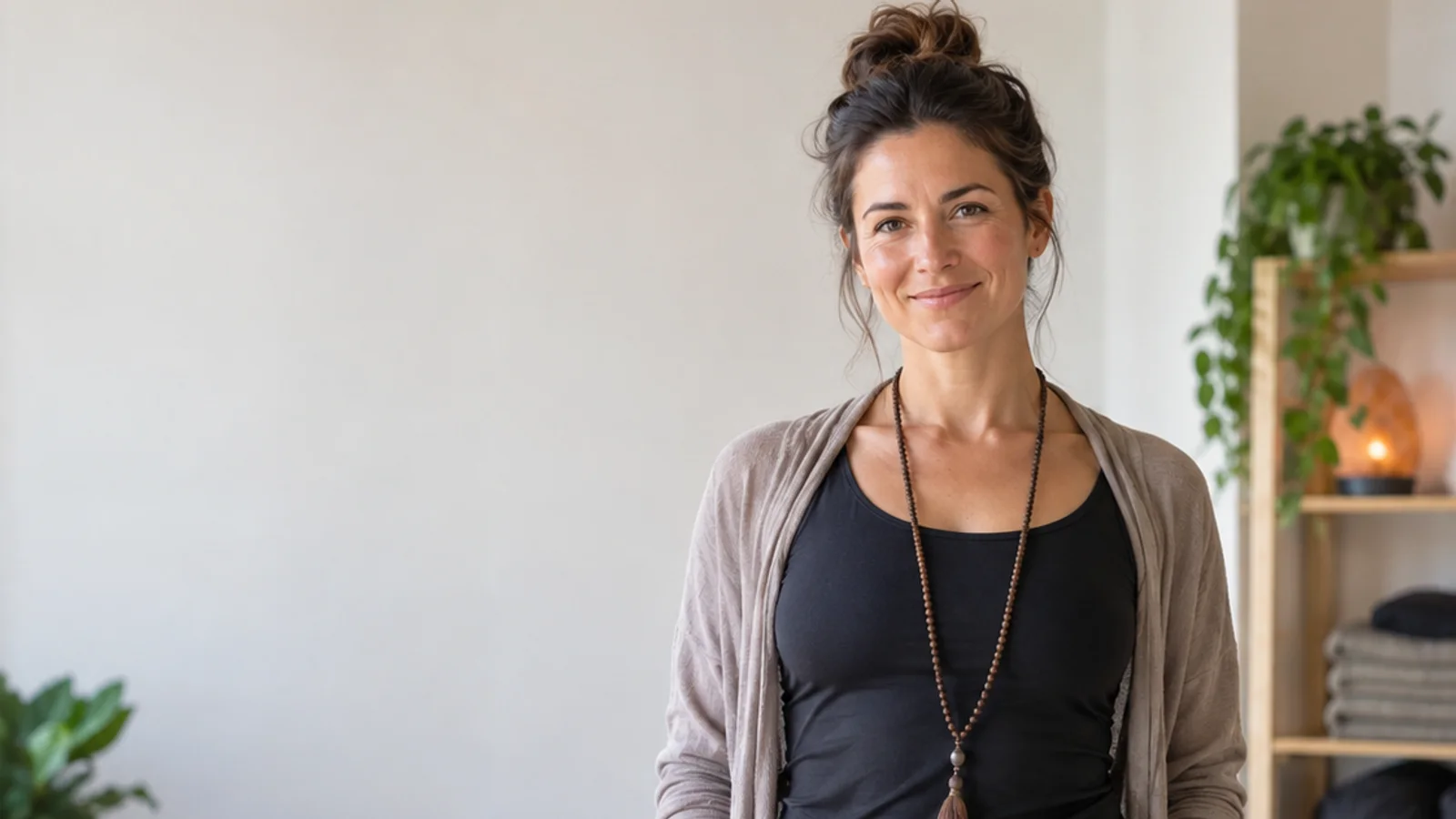 Mid-length portrait of a yoga studio owner, yoga studio, soft even indoor light, plain working backdrop with copy space