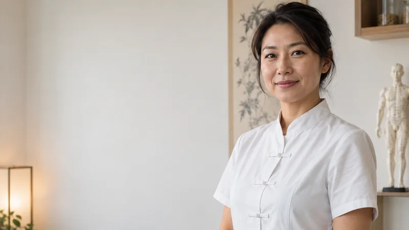 Mid-length portrait of a traditional medicine practitioner, acupuncture clinic, soft even indoor light, plain working backdrop with copy space