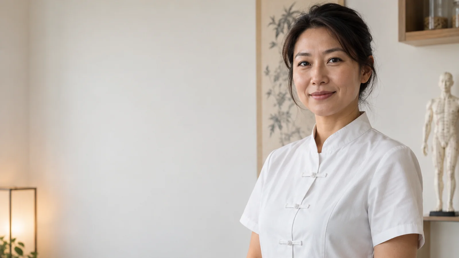 Mid-length portrait of a traditional medicine practitioner, acupuncture clinic, soft even indoor light, plain working backdrop with copy space