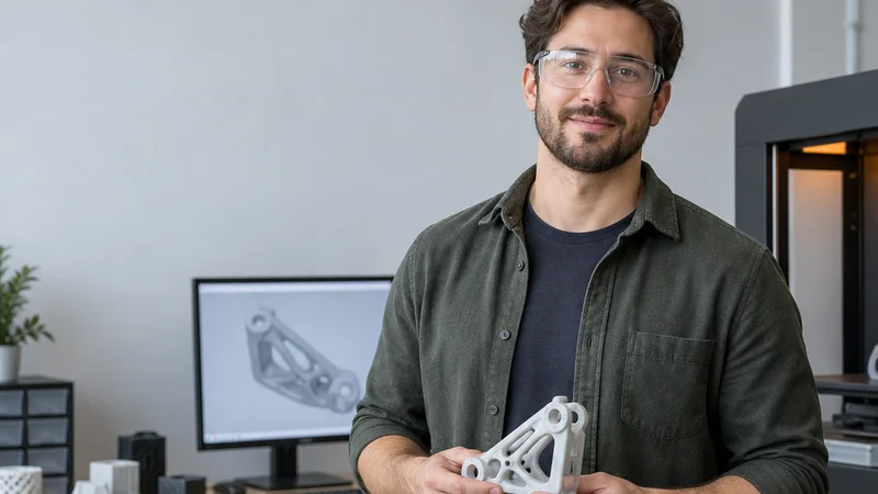 Mid-length portrait of a CAD designer, 3d printing service, soft even indoor light, plain working backdrop with copy space