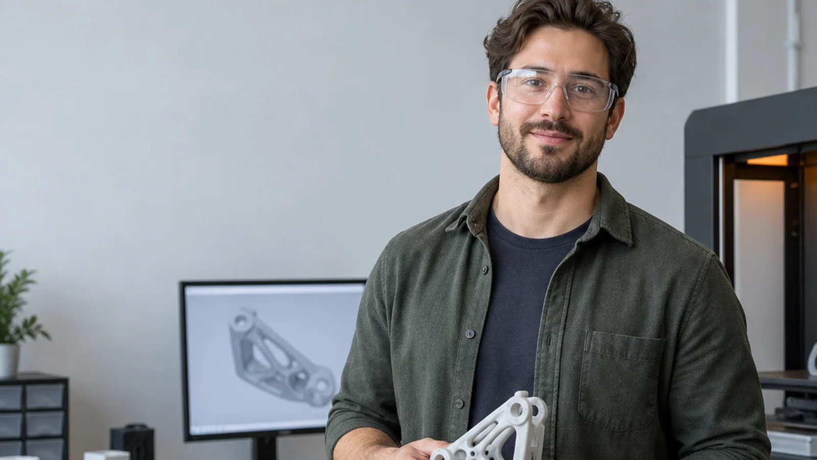 Mid-length portrait of a CAD designer, 3d printing service, soft even indoor light, plain working backdrop with copy space
