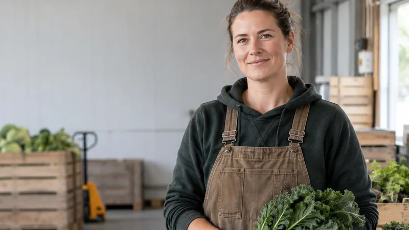 Mid-length portrait of a farmer, agriculture, soft even indoor light, plain working backdrop with copy space