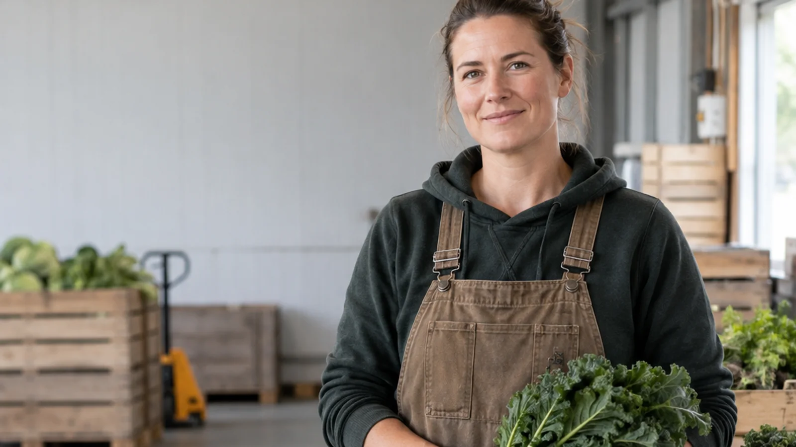 Mid-length portrait of a farmer, agriculture, soft even indoor light, plain working backdrop with copy space