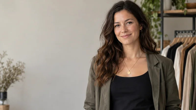 Mid-length portrait of a boutique owner, apparel fashion, soft even indoor light, plain working backdrop with copy space