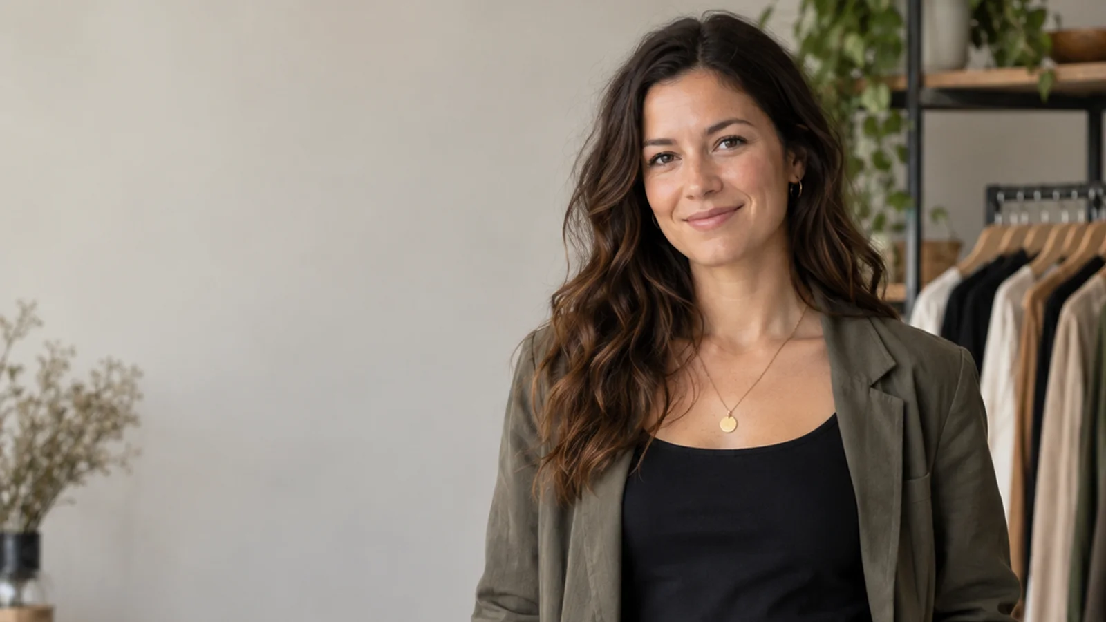 Mid-length portrait of a boutique owner, apparel fashion, soft even indoor light, plain working backdrop with copy space