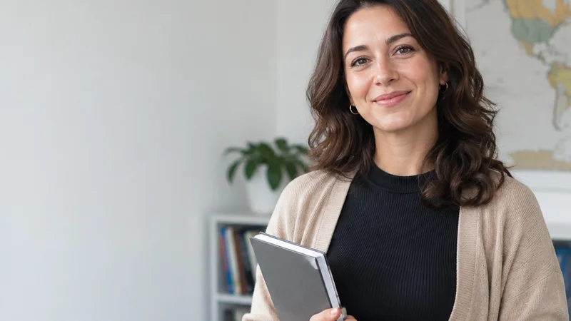 Mid-length portrait of a conversation tutor, language school, soft even indoor light, plain working backdrop with copy space