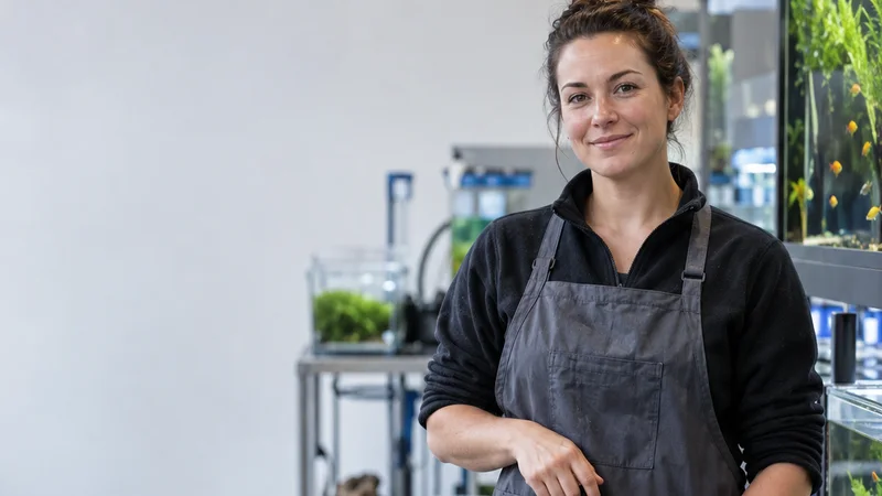 Mid-length portrait of a aquarium specialist, pet store, soft even indoor light, plain working backdrop with copy space
