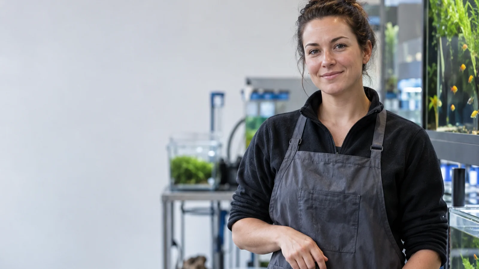 Mid-length portrait of a aquarium specialist, pet store, soft even indoor light, plain working backdrop with copy space