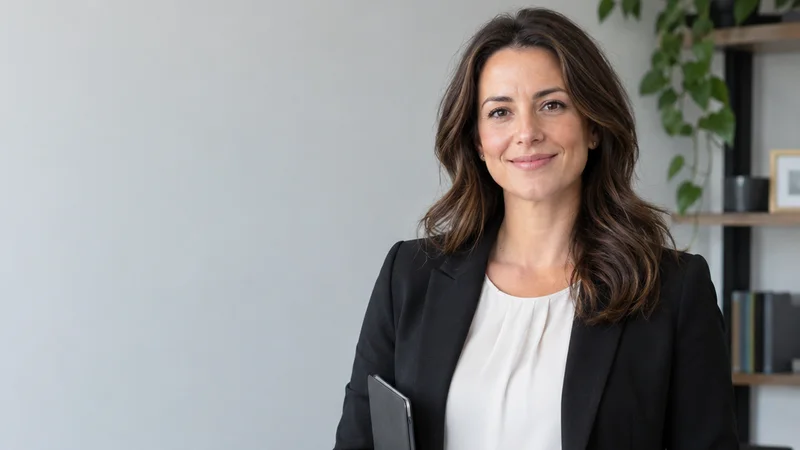 Mid-length portrait of a tax adviser, accounting firm, soft even indoor light, plain working backdrop with copy space