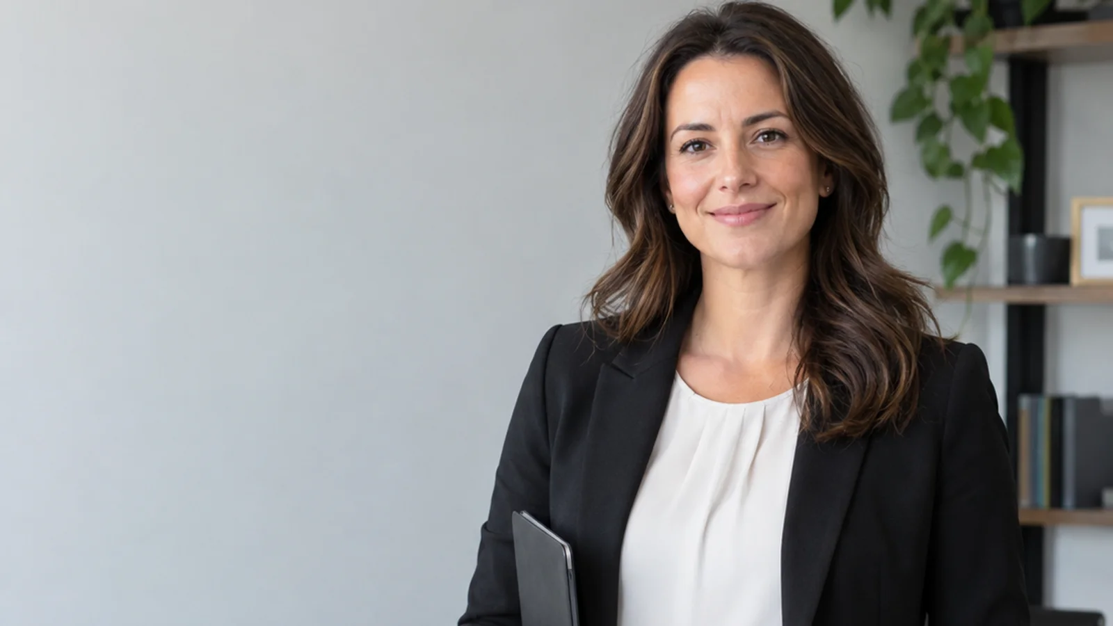 Mid-length portrait of a tax adviser, accounting firm, soft even indoor light, plain working backdrop with copy space